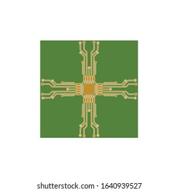 Flat Microelectronics Circuits. Circuit board vector, green background.