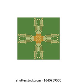 Flat Microelectronics Circuits. Circuit board vector, green background.