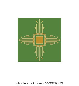 Flat Microelectronics Circuits. Circuit board vector, green background.