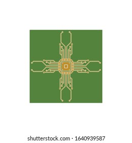 Flat Microelectronics Circuits. Circuit board vector, green background.