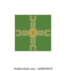 Flat Microelectronics Circuits. Circuit board vector, green background.