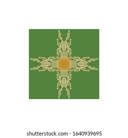 Flat Microelectronics Circuits. Circuit board vector, green background.