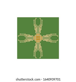 Flat Microelectronics Circuits. Circuit board vector, green background.