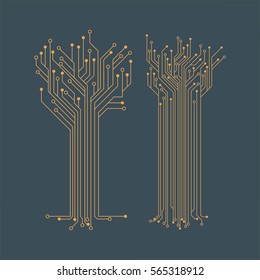 Circuitos de microelectrónica plana. Vector de tarjeta de circuitos, fondo azul.