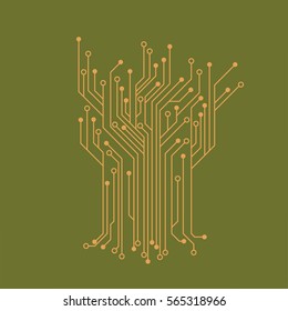 Flat Microelectronics Circuits. Circuit board vector, green background.
