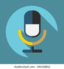 Flat Microphone Icon with Shadows on a Blue Circular Button.