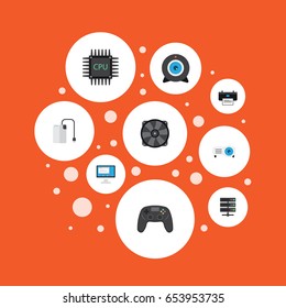 Flat Microprocessor, Storage Device, Datacenter And Other Vector Elements. Set Of PC Flat Symbols Also Includes Joystick, Cpu, Cable Objects.