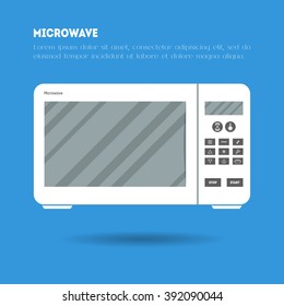 Flat microwave icon illustration. Modern trendy design of flat electronic equipment illustration on blue background. Poster, leaflet or banner template with place for text. Vector kitchen appliance