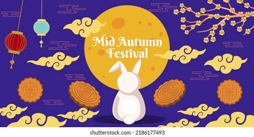 flat mid autumn festival illustration with moon, mooncake, tree, clouds, and rabbit