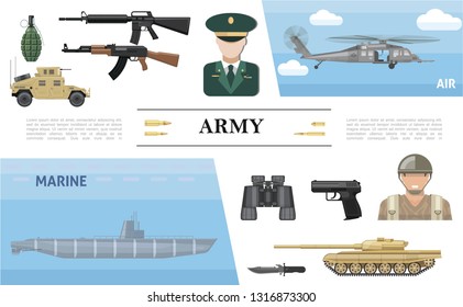 Flat military elements concept with submarine helicopter armored car tank officer soldier pistol knife binoculars grenade automatic machine vector illustration