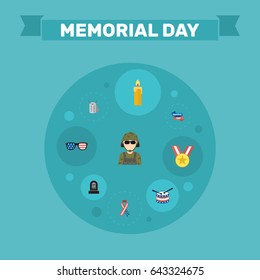 Flat Military Man, Fire Wax, Tomb And Other Vector Elements. Set Of Day Flat Symbols Also Includes Military, American, Usa Objects.