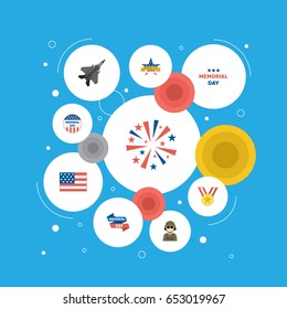 Flat Military Man, Firecracker, American Banner And Other Vector Elements. Set Of History Flat Symbols Also Includes Medallion, Day, Firecracker Objects.