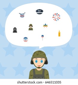 Flat Military Man, Firecracker, Fire Wax And Other Vector Elements. Set Of Day Flat Symbols Also Includes Firecracker, Military, Candle Objects.