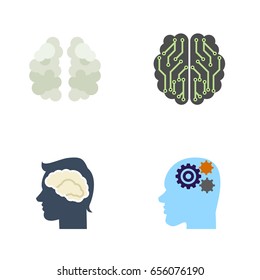Flat Mind Set Of Mentality, Invention, Brain And Other Vector Objects. Also Includes Mentality, Thinking, Intellect Elements.