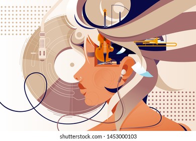 Flat mind vision with music instrument and modern device. Concept woman person character with headphones, music plate and double bass. Vector illustration.