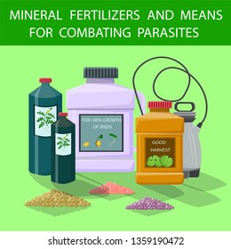 Flat Mineral Fertilizers and Means for Combating Parasites. Vector Illustration Colored Background. Plastic Containers Full Fertilizers Improve Plant Growth. Fertilizer Granules to Increase Yield.
