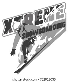 Flat minialistic vector emblem with Snowboarder in motion on snow. Extreme badge or sport logo