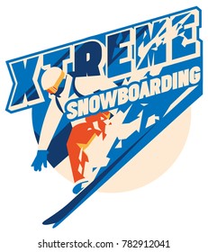 Flat minialistic vector emblem with Snowboarder in motion on snow. Extreme badge or sport logo