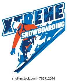 Flat minialistic vector emblem with Snowboarder in motion on snow. Extreme badge or sport logo