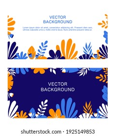 Flat minimal background. Vector set of abstract background with copy space for text, fantasy plant and leaves. Trendy linear style. Illustration for web design, landing page, poster, cover, websites.