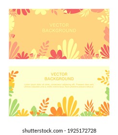 Flat minimal background. Vector set of abstract background with copy space for text, fantasy plant and leaves. Trendy linear style. Illustration for web design, landing page, poster, cover, websites.