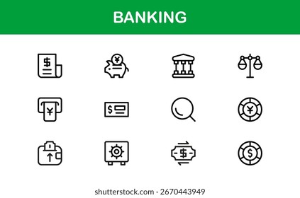 Flat Minimal Banking Icons - Linear Outline Vector Collection mit Bank, Kreditkarte, Kredit, Tresor, Geldautomat, Geld, Finanzen, Clean Modern Pack für Apps, Web und UI Projekte