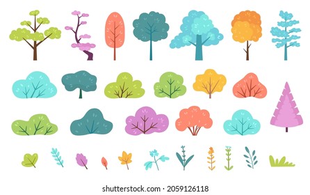 Flat Minimal Bush, Shrub, Tree, Grass, Wild Plant And Flower. Cartoon Forest, Meadow, Park Or Garden, Spring Landscape Elements Vector Set. Environmental Colorful Isolated Vegetation