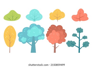 Flat minimal bush, shrub, tree. Collection, various green bushes. Environmental colorful isolated vegetation