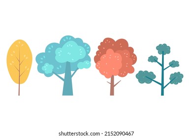 Flat minimal bush, shrub, tree. Collection, various green bushes. Environmental colorful isolated vegetation