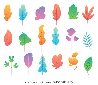Flat minimal bush, shrub, tree, grass, wild plant icons. Cartoon park or garden, spring landscape elements vector set. Environmental colorful isolated vegetation