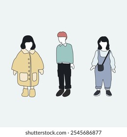 flat minimal children male and female vector illustration in winter clothing with outline concept isolated set collection. For architecture rendering, graphic design, info graphic, media