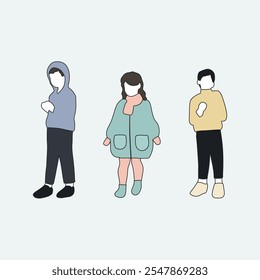 flat minimal children male and female vector illustration in winter clothing with outline concept isolated set collection. For architecture rendering, graphic design, info graphic, media