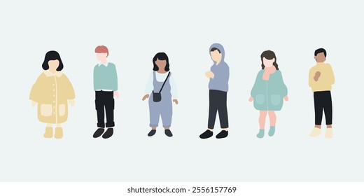 flat minimal children male and female vector illustration in winter clothing concept isolated set collection. For architecture rendering, graphic design, info graphic, media