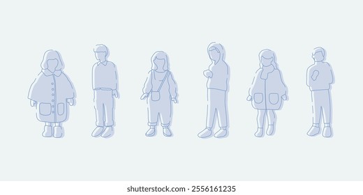 flat minimal children male and female vector illustration in winter clothing concept isolated set collection. Outline with silhouette shadow. For architecture rendering, design, info graphic, media