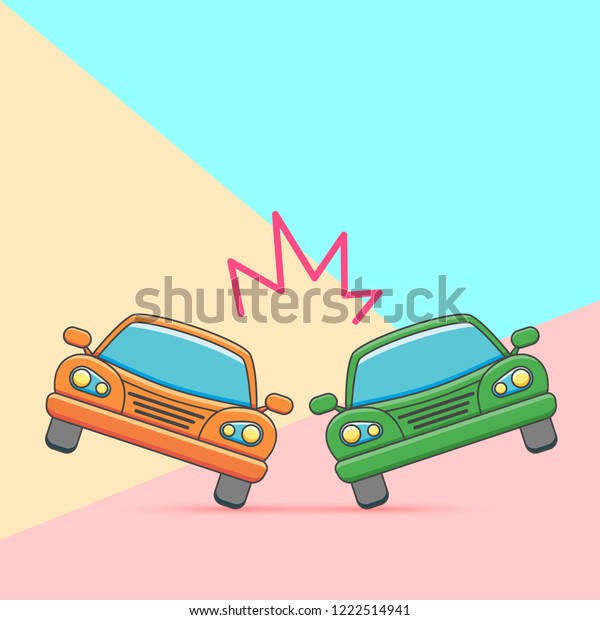 Flat minimal graphic image concept of\
car crash vector illustration, two automobiles collision, auto\
accident scene on pastel colored blue and pink\
background