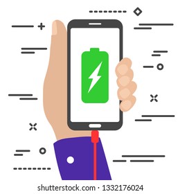 flat minimal hand holding a charging mobile phone with battery and lightning symbols on the screen