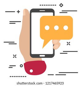 flat minimal hand holding mobile phone with chat message notifications. Arm with smartphone and chatting bubble speeches. Text messaging flat design concept.