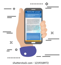flat minimal hand holding mobile phone with modern ux design on white background