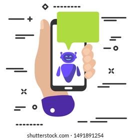 Flat Minimal Hand Holding Mobile Phone With Chat Robot Bot Bubble Frame Icon On White Background. Bubble Droid Icon Set For Websites, Blog, Mobile Interfaces