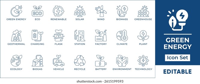 Flat minimal icon set showcasing green energy, clean power sources, and eco-friendly technology, perfect for apps, web UI, infographics, and sustainability projects.