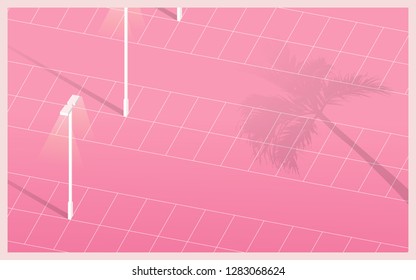 flat minimal illustration of lonely parking lot and long shadow of palm tree