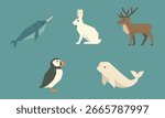 Flat minimal illustrations of northern wildlife on a teal panel featuring a leaping dolphin a white hare a puffin and a brown deer.