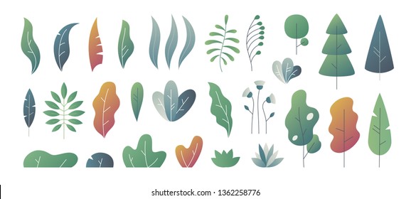 Flat minimal leaves. Fantasy colors gradation, leaves bushes and trees design templates, nature gradient plants. Vector cute autumn leaves