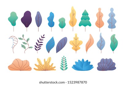 Flat minimal leaves. Simple deciduous and coniferous trees, branches and bushes. Trendy flat plant and tropical foliage vector set