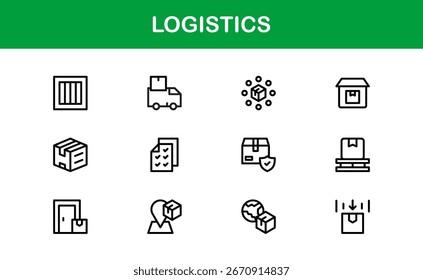 Ícones de logística mínimos planos - Coleção de vetores de contorno linear com caminhão, armazém, carga, encomenda, entrega, caixa, cadeia de fornecimento, pacote moderno limpo para aplicativos, Web e projetos de interface de usuário