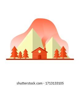 Flat minimal mountain cabin in forest landscape silhouette design vector icon illustration set