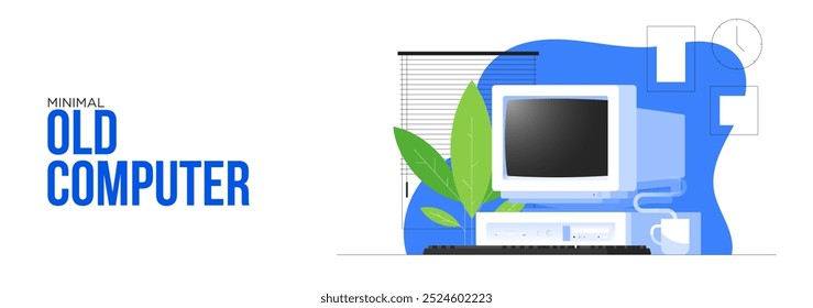 flat minimal old Monitor de computadora y modelo de estilo de CPU y2k. Tecnología objetos retro aislados sobre fondo blanco. Ilustración vectorial. Nostalgia de la pantalla del ordenador. Ordenador personal de la máquina antigua