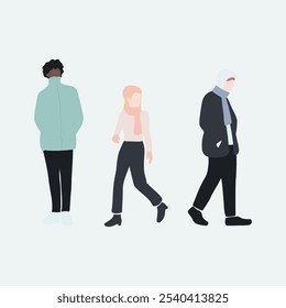 flat minimal people male and female vector illustration in winter clothing concept isolated set collection. For architecture rendering, graphic design, info graphic, media