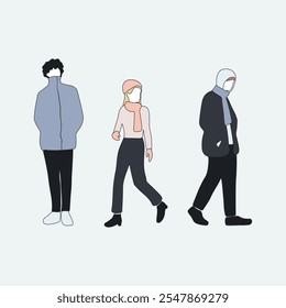 flat minimal people male and female vector illustration in winter clothing with outline concept isolated set collection. For architecture rendering, graphic design, info graphic, media