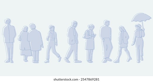 flat minimal people male and female vector illustration in winter clothing concept isolated set collection. Outline with silhouette shadow. For architecture rendering, design, info graphic, media